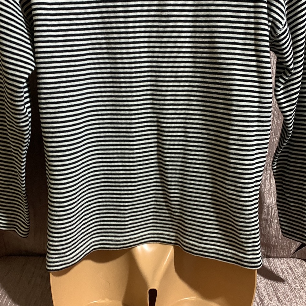 Chaps Top Sweater Sweatshirt Pullover 3/4 Zip Stretchy Black White Stripes M - Picture 8 of 13